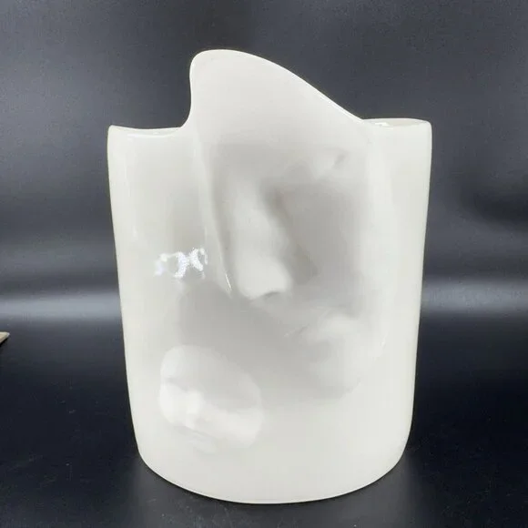 Sara Lund Face Vase Mother and Child Hand Made Stoneware Pottery Artist Signed